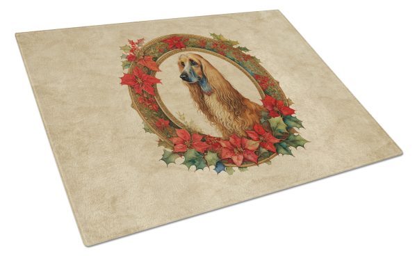 Afghan Hound Christmas Flowers Glass Cutting Board For Sale