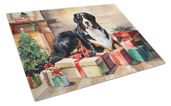 Bernese Mountain Dog Cozy Christmas Glass Cutting Board Large Sale