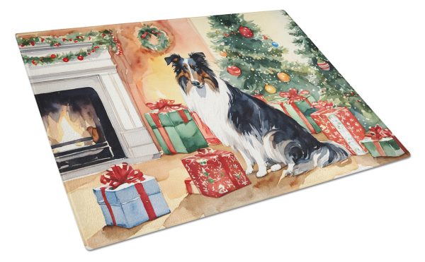 Collie Cozy Christmas Glass Cutting Board Large Discount