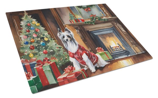 Chinese Crested Cozy Christmas Glass Cutting Board Large For Sale