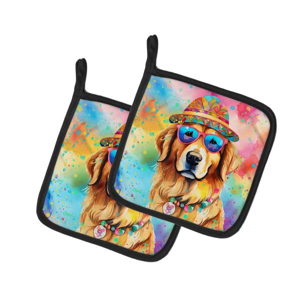 Golden Retriever Hippie Dawg Pair of Pot Holders Hot on Sale