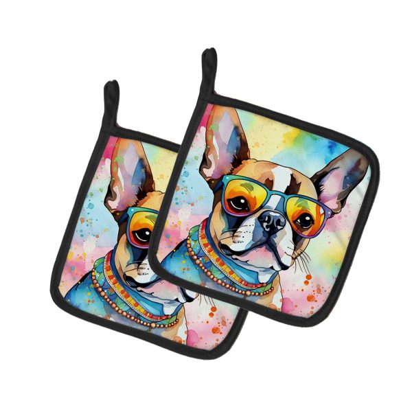 Boston Terrier Hippie Dawg Pair of Pot Holders Discount