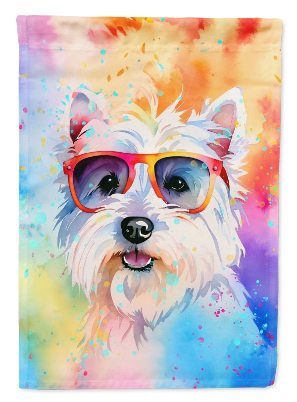 Westie Hippie Dawg Garden Flag – Retro Dog with Sunglasses & Multicolored Background For Sale