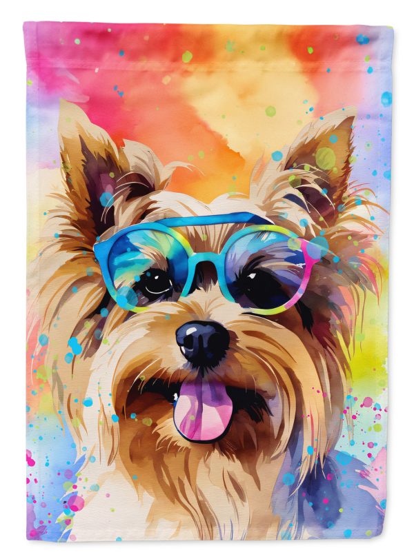 Yorkshire Terrier Hippie Dawg Garden Flag – Retro Dog with Sunglasses & Multicolored Background Supply