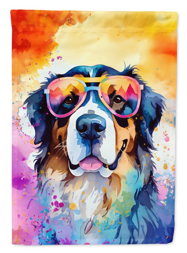Bernese Mountain Dog Hippie Dawg Garden Flag – Retro Dog with Sunglasses & Multicolored Background For Cheap