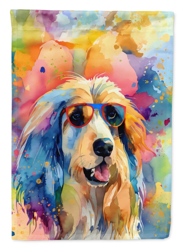 Afghan Hound Hippie Dawg Garden Flag – Retro Dog with Sunglasses & Multicolored Background on Sale