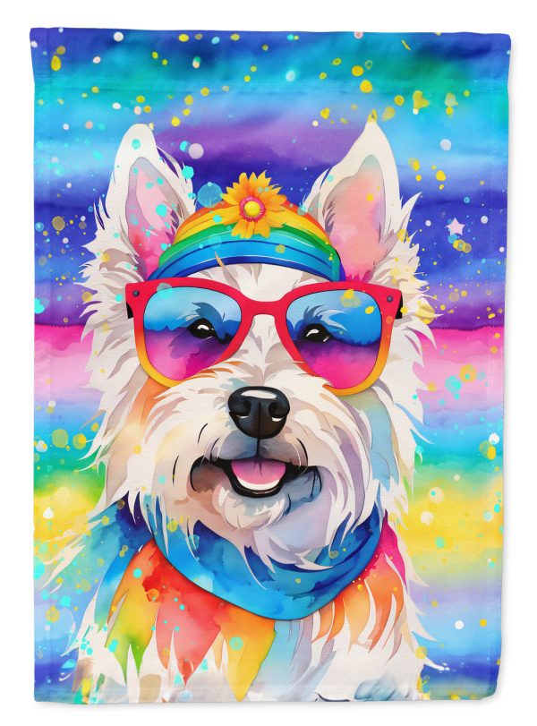 Westie Hippie Dawg Garden Flag – Retro Dog with Sunglasses & Multicolored Background Sale