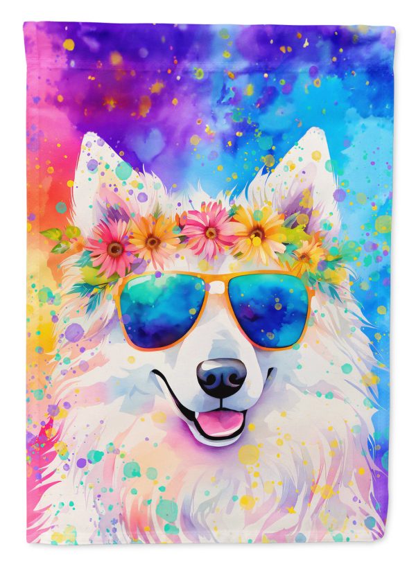 Samoyed Hippie Dawg Garden Flag – Retro Dog with Sunglasses & Multicolored Background on Sale