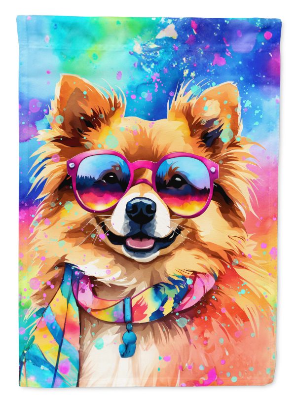 Pomeranian Hippie Dawg Garden Flag – Retro Dog with Sunglasses & Multicolored Background Fashion
