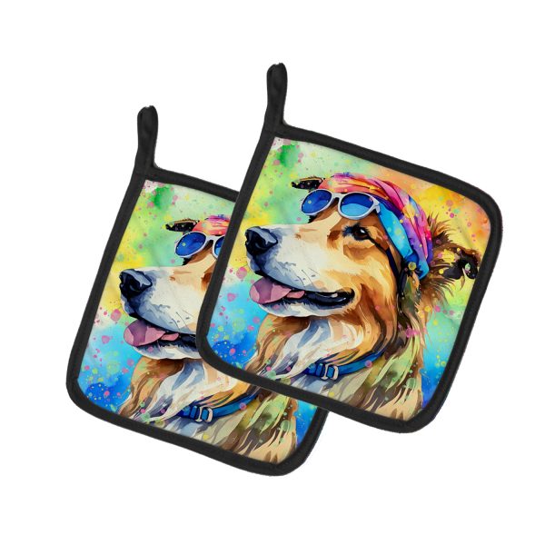 Collie Hippie Dawg Pair of Pot Holders For Sale