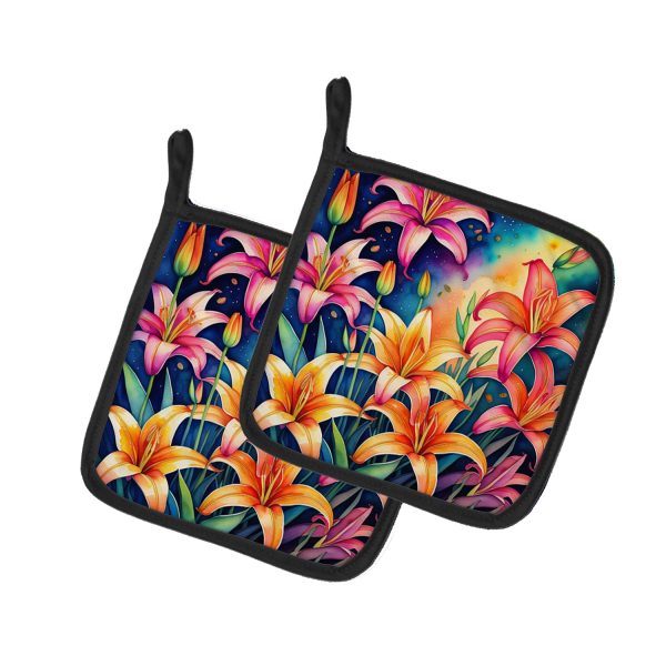 Colorful Lilies Pair of Pot Holders For Sale