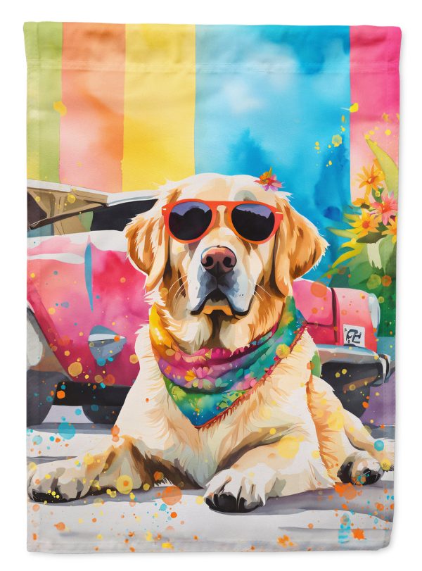 Yellow Labrador Hippie Dawg Garden Flag – Retro Dog with Sunglasses & Multicolored Background For Discount