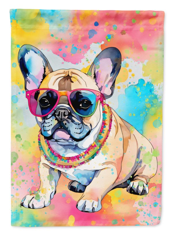 French Bulldog Hippie Dawg Garden Flag – Retro Dog with Sunglasses & Multicolored Background For Sale