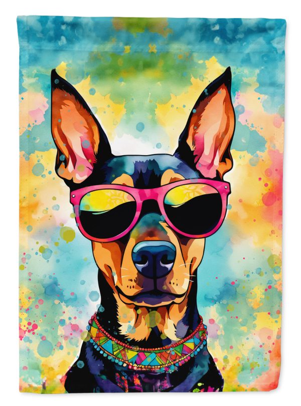 Doberman Pinscher Hippie Dawg Garden Flag – Retro Dog with Sunglasses & Multicolored Background Online