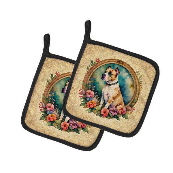 American Staffordshire Terrier and Flowers Pair of Pot Holders Cheap