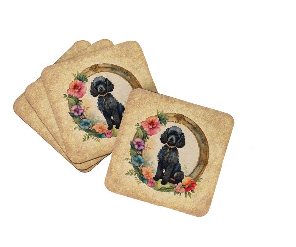 Black Poodle and Flowers Foam Coasters Fashion