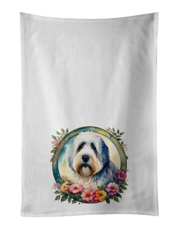 Old English Sheepdog and Flowers Kitchen Towel Set of 2 on Sale