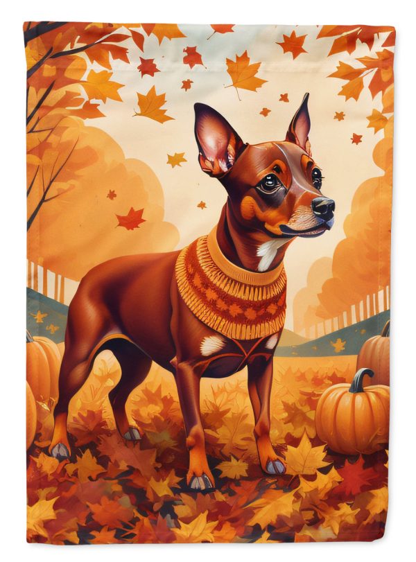 Red Miniature Pinscher Fall Garden Flag – Dog Surrounded by Pumpkins & Autumn Leaves For Sale