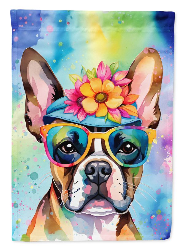 Boston Terrier Hippie Dawg Garden Flag – Retro Dog with Sunglasses & Multicolored Background Sale