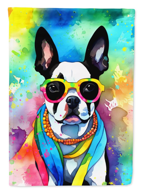 Boston Terrier Hippie Dawg Garden Flag – Retro Dog with Sunglasses & Multicolored Background For Discount