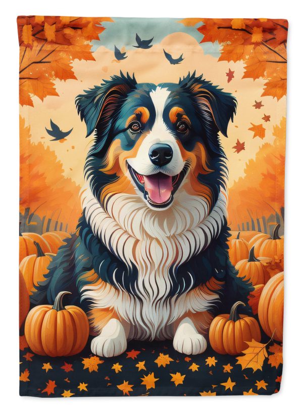Australian Shepherd Terrier Fall Garden Flag – Dog Surrounded by Pumpkins & Autumn Leaves Hot on Sale