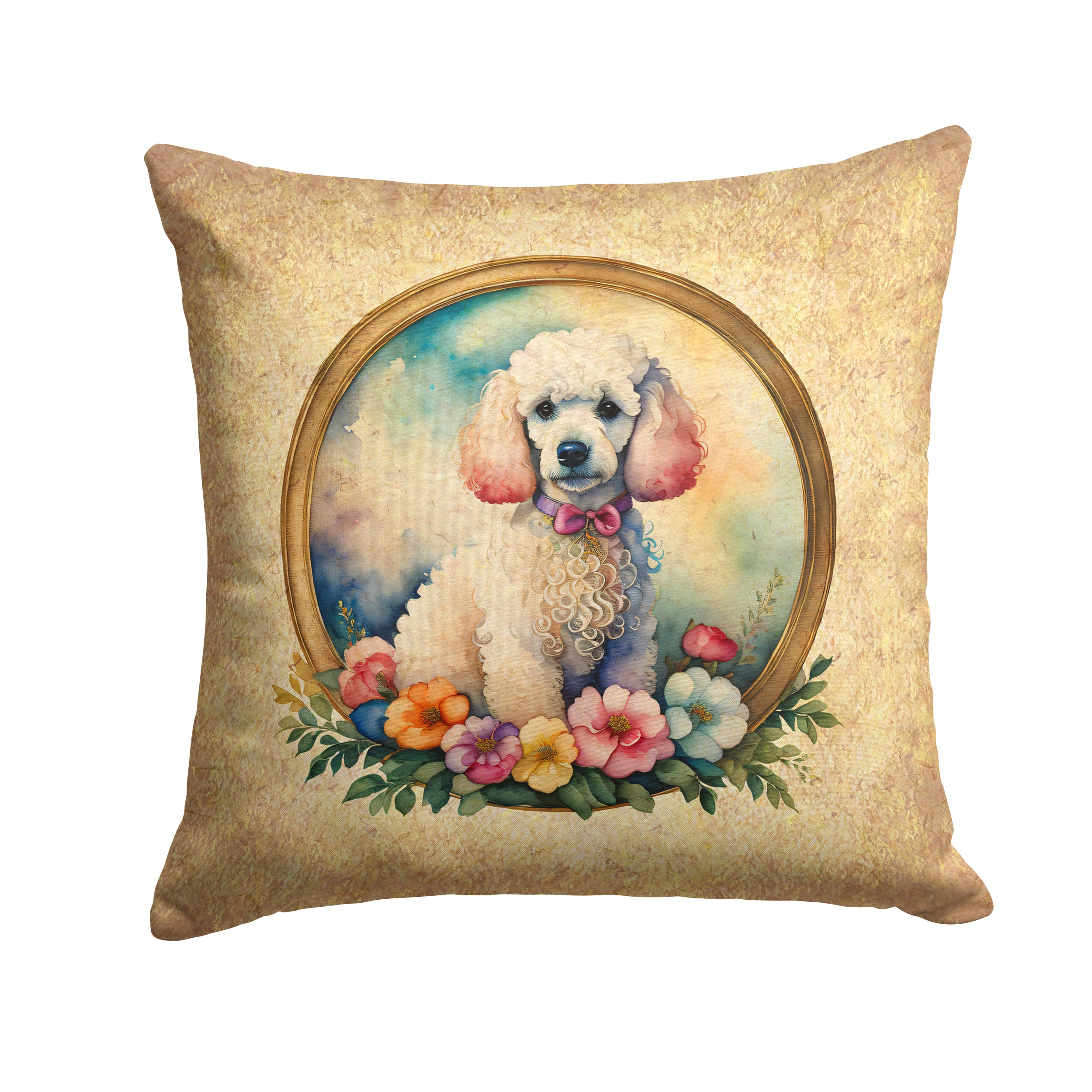 White Poodle and Flowers Fabric Decorative Pillow Online now