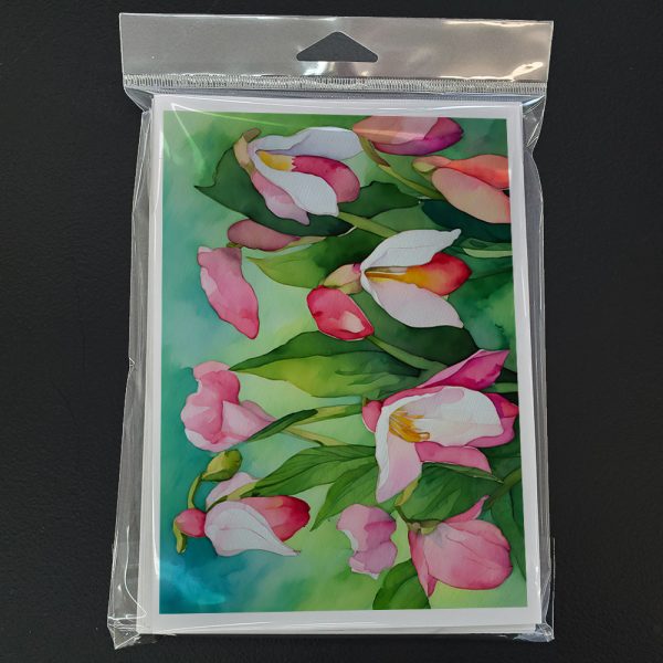 Minnesota Pink and White Lady’s Slippers in Watercolor Greeting Cards and Envelopes Pack of 8 Online - Image 3