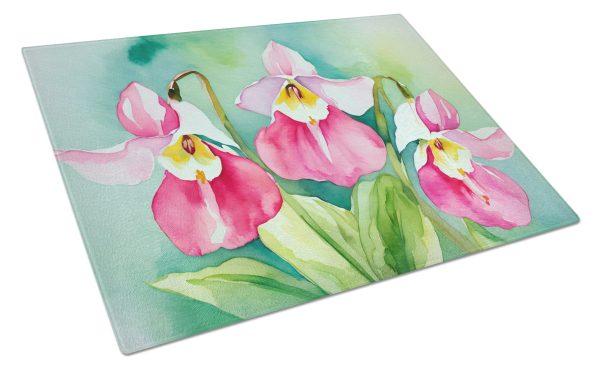 Minnesota Pink and White Lady’s Slippers in Watercolor Glass Cutting Board Large For Cheap