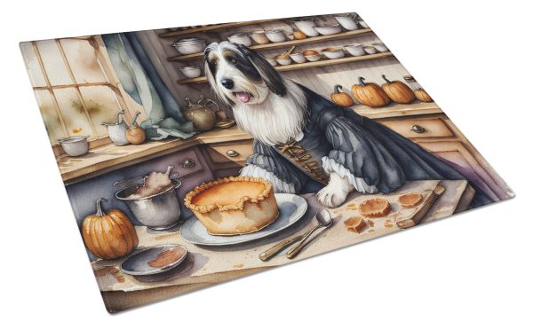 Bearded Collie Fall Kitchen Pumpkins Glass Cutting Board Large Online now