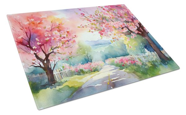 Michigan Apple Blossoms in Watercolor Glass Cutting Board Large For Discount