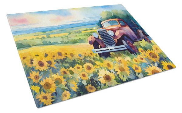 Kansas Sunflowers in Watercolor Glass Cutting Board Large Discount