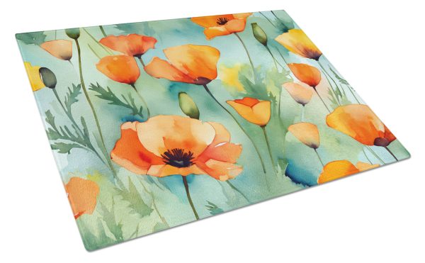 California California Poppies in Watercolor Glass Cutting Board Large For Cheap